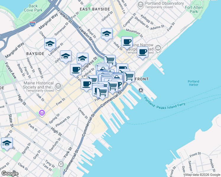 map of restaurants, bars, coffee shops, grocery stores, and more near 20 Milk Street in Portland