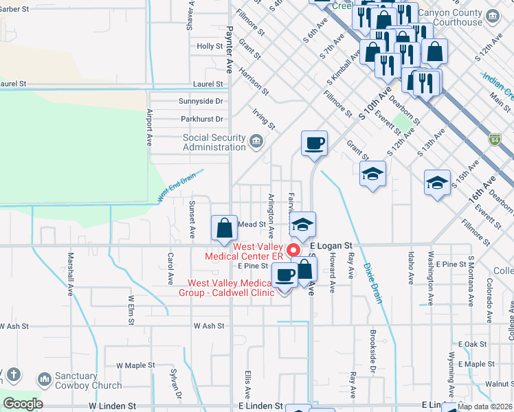 map of restaurants, bars, coffee shops, grocery stores, and more near 1416 Ellis Avenue in Caldwell