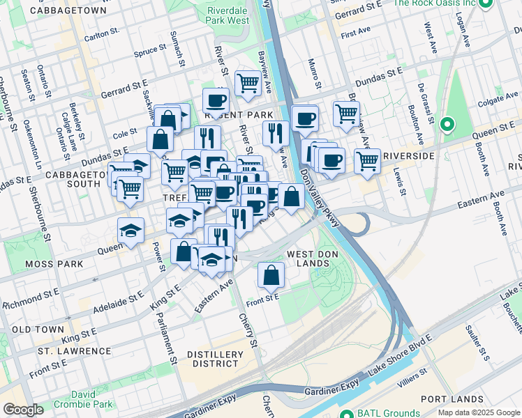 map of restaurants, bars, coffee shops, grocery stores, and more near in Toronto