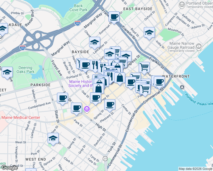 map of restaurants, bars, coffee shops, grocery stores, and more near Congress Street in Portland