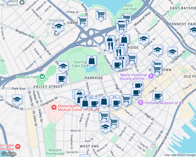 map of restaurants, bars, coffee shops, grocery stores, and more near 288 State Street in Portland