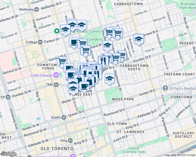 map of restaurants, bars, coffee shops, grocery stores, and more near 274 George Street in Toronto