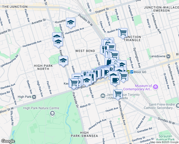 map of restaurants, bars, coffee shops, grocery stores, and more near 548 Indian Road in Toronto