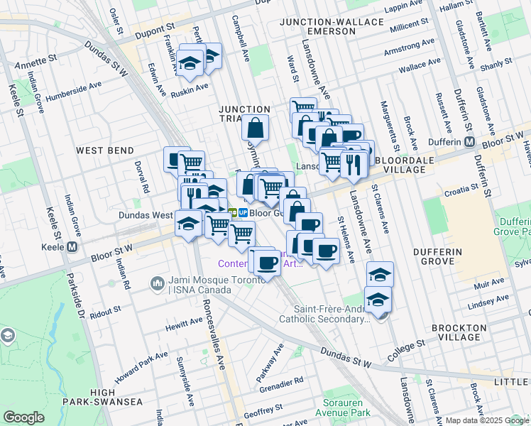 map of restaurants, bars, coffee shops, grocery stores, and more near 1423 Bloor Street West in Toronto