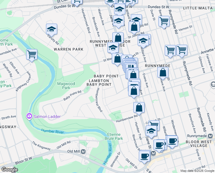 map of restaurants, bars, coffee shops, grocery stores, and more near 10 Valleyview Gardens in Toronto