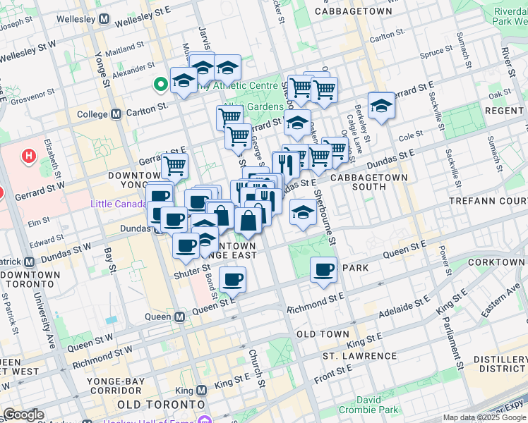 map of restaurants, bars, coffee shops, grocery stores, and more near 181 Dundas Street East in Toronto