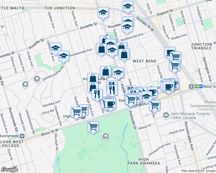 map of restaurants, bars, coffee shops, grocery stores, and more near 55 Oakmount Road in Toronto