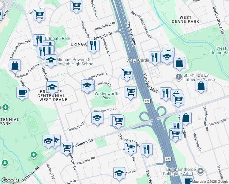 map of restaurants, bars, coffee shops, grocery stores, and more near 5 Birgitta Crescent in Toronto