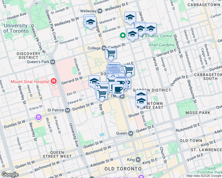 map of restaurants, bars, coffee shops, grocery stores, and more near 20 Edward Street in Toronto