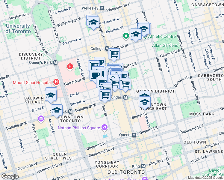 map of restaurants, bars, coffee shops, grocery stores, and more near 20 Edward Street in Toronto