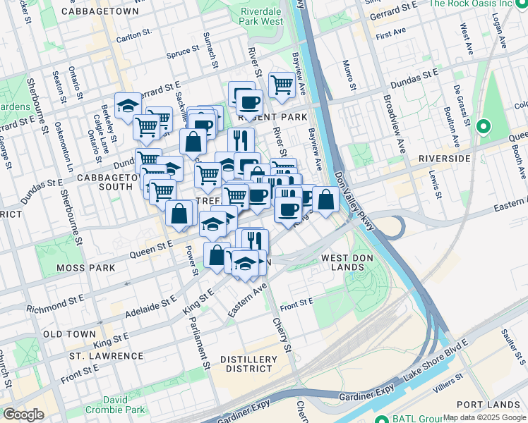 map of restaurants, bars, coffee shops, grocery stores, and more near 508 Queen Street East in Toronto
