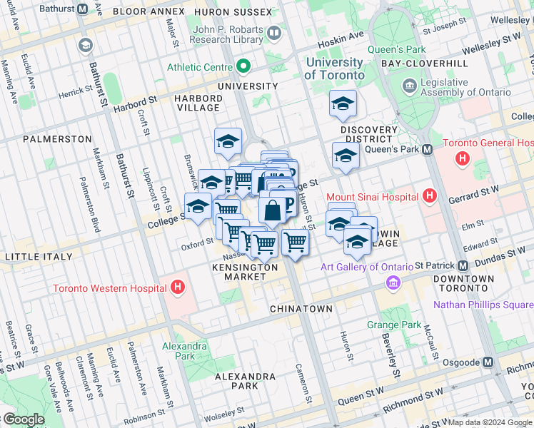 map of restaurants, bars, coffee shops, grocery stores, and more near 442 Spadina Avenue in Toronto