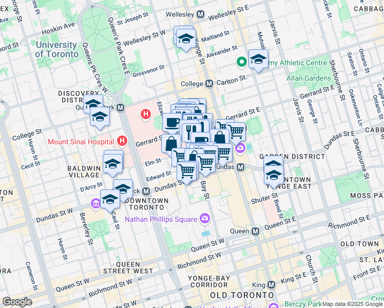 map of restaurants, bars, coffee shops, grocery stores, and more near 650 Bay Street in Toronto