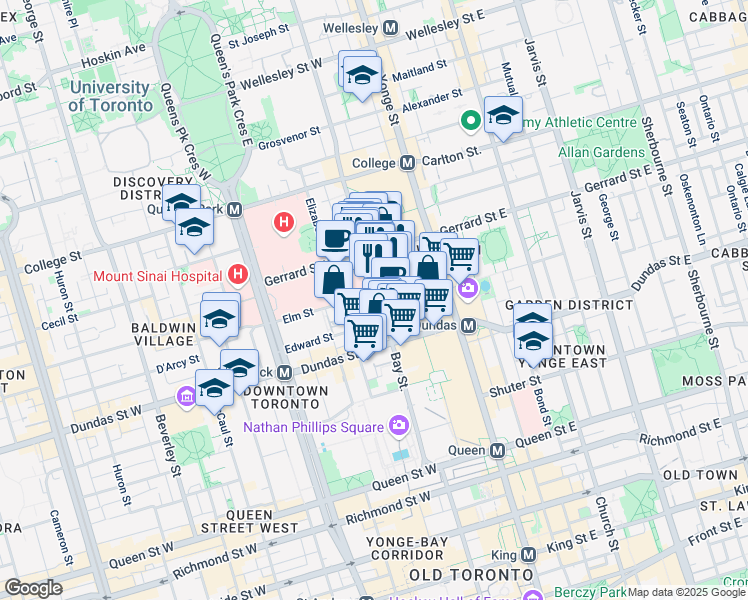 map of restaurants, bars, coffee shops, grocery stores, and more near in Toronto