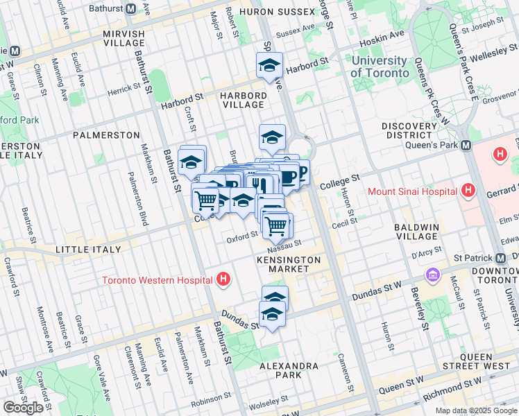 map of restaurants, bars, coffee shops, grocery stores, and more near 370 College Street in Toronto