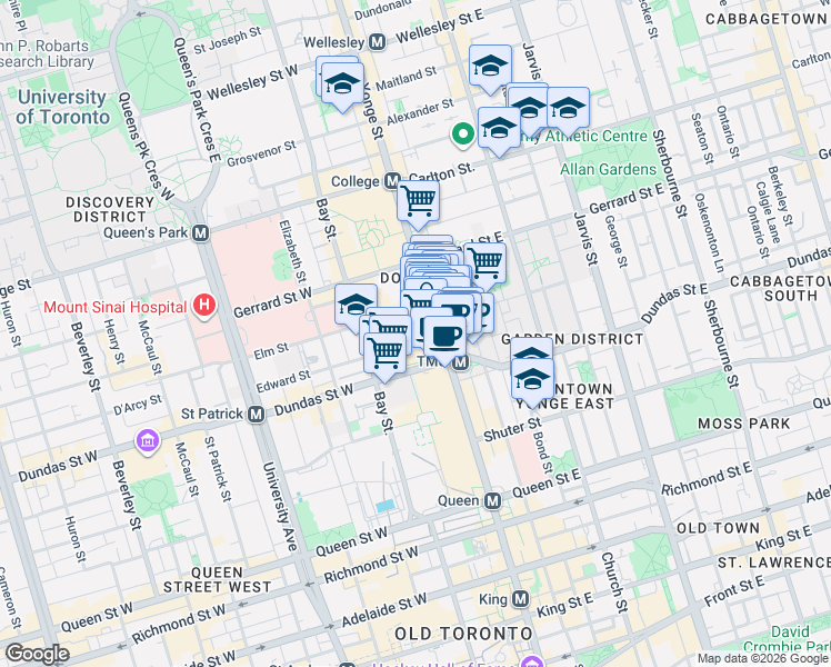 map of restaurants, bars, coffee shops, grocery stores, and more near 20 Edward Street in Toronto