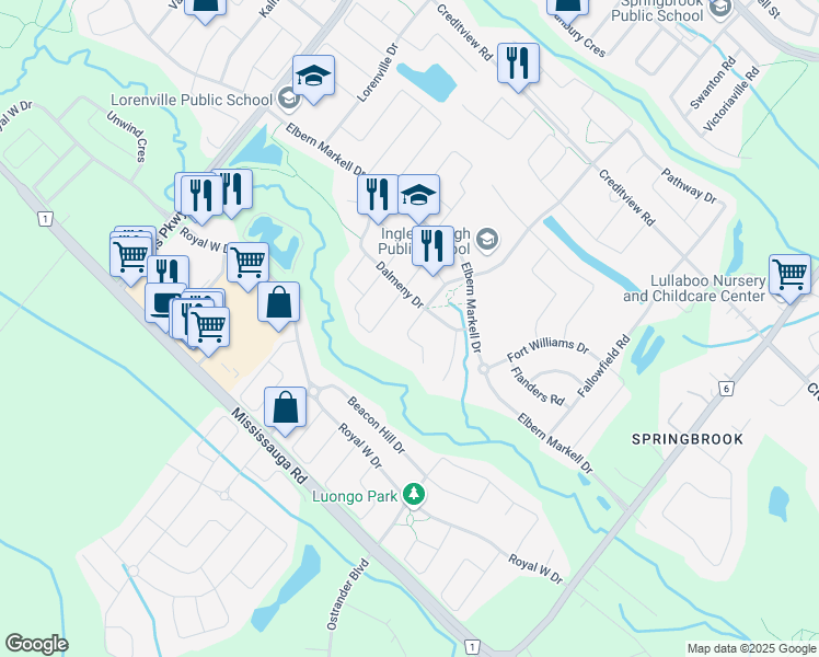 map of restaurants, bars, coffee shops, grocery stores, and more near Calstock Place in Brampton