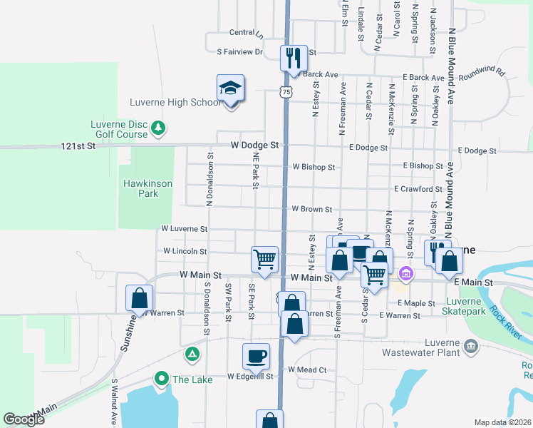 map of restaurants, bars, coffee shops, grocery stores, and more near 409 Northeast Park Street in Luverne