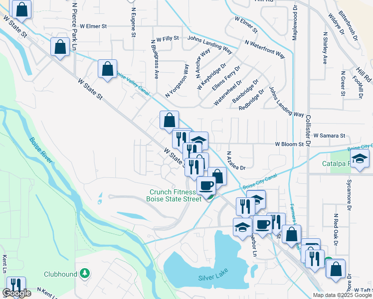 map of restaurants, bars, coffee shops, grocery stores, and more near 5688 West Bloom Street in Boise