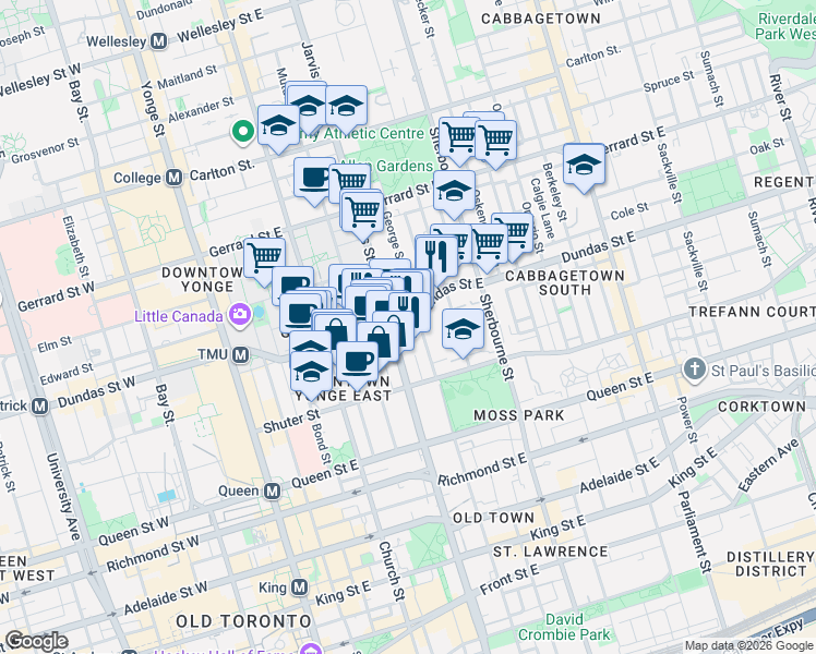 map of restaurants, bars, coffee shops, grocery stores, and more near 197 Dundas Street East in Toronto