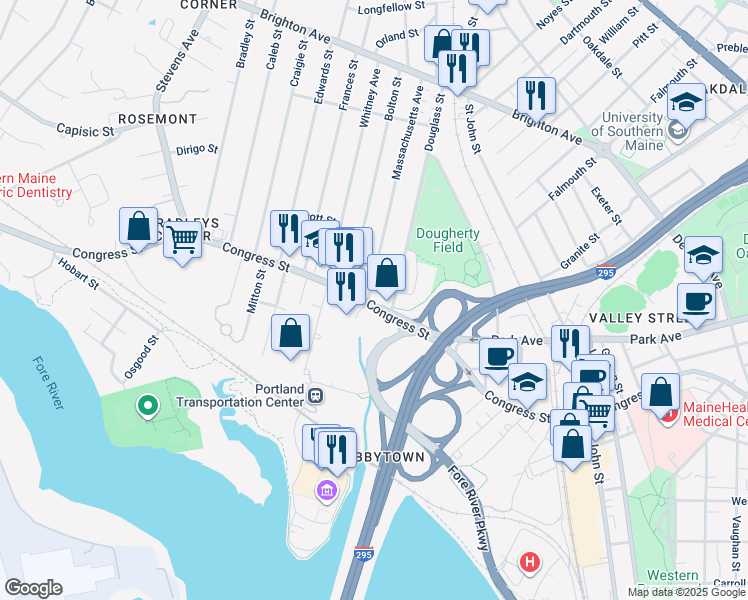 map of restaurants, bars, coffee shops, grocery stores, and more near 1199 Congress Street in Portland