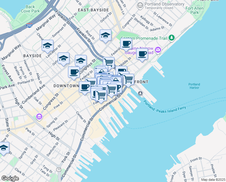 map of restaurants, bars, coffee shops, grocery stores, and more near 2 Milk Street in Portland