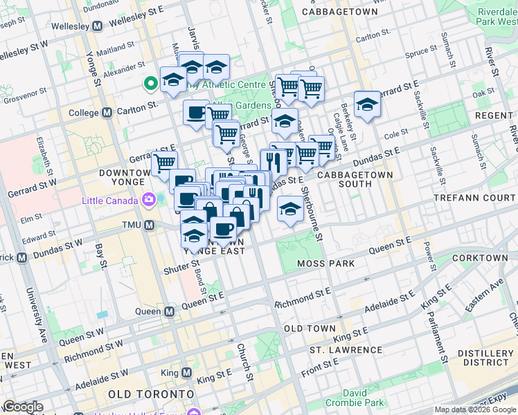 map of restaurants, bars, coffee shops, grocery stores, and more near in Toronto