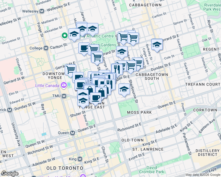 map of restaurants, bars, coffee shops, grocery stores, and more near in Toronto