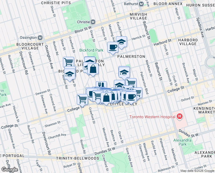 map of restaurants, bars, coffee shops, grocery stores, and more near 215 Grace Street in Toronto