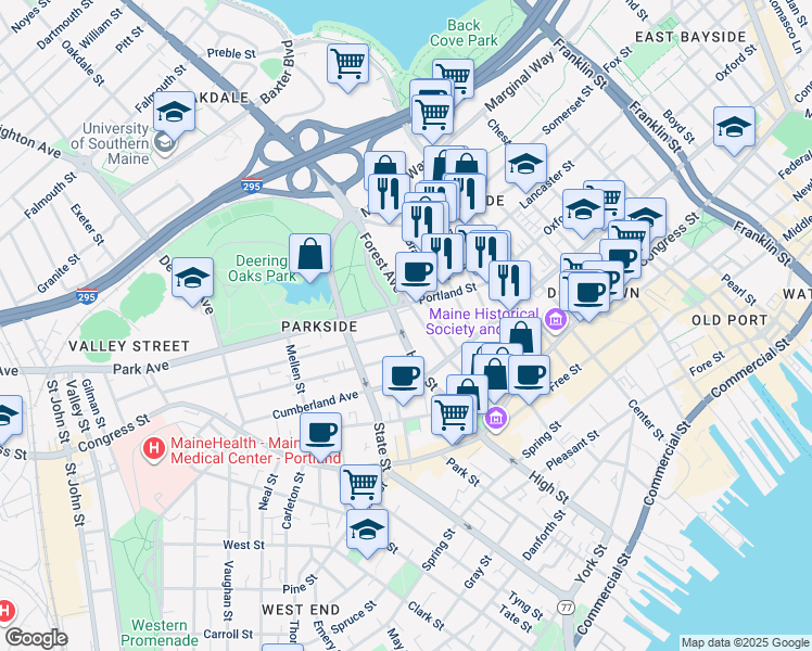 map of restaurants, bars, coffee shops, grocery stores, and more near 241 High Street in Portland