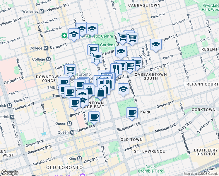 map of restaurants, bars, coffee shops, grocery stores, and more near 201 Dundas Street East in Toronto