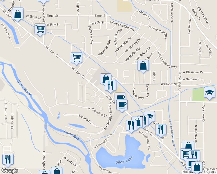 map of restaurants, bars, coffee shops, grocery stores, and more near 5686 West Bloom Street in Boise
