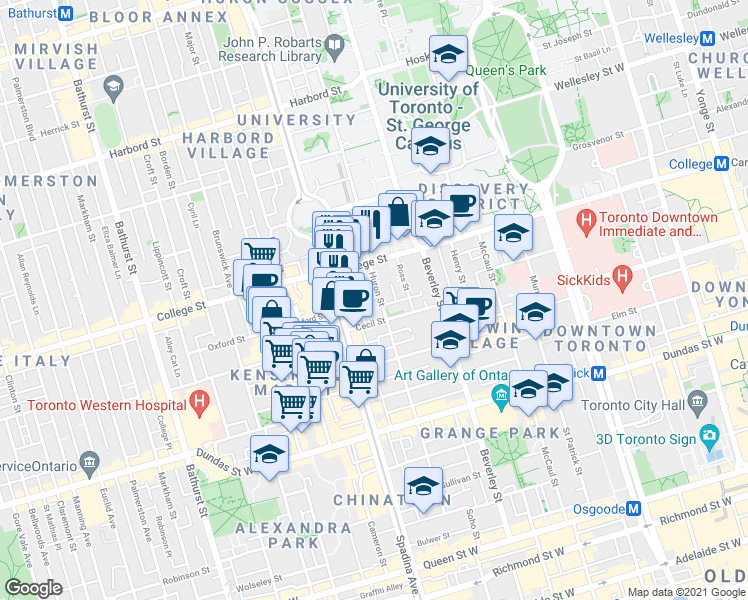 map of restaurants, bars, coffee shops, grocery stores, and more near 160 Huron Street in Toronto