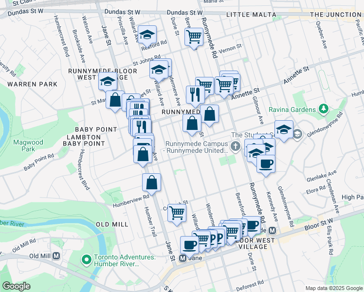 map of restaurants, bars, coffee shops, grocery stores, and more near 449 Willard Avenue in Toronto