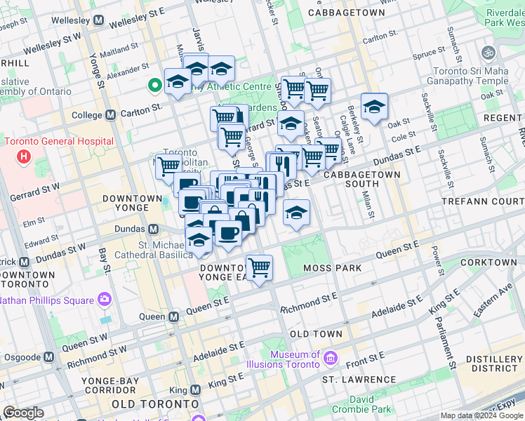 map of restaurants, bars, coffee shops, grocery stores, and more near 197 Dundas Street East in Toronto