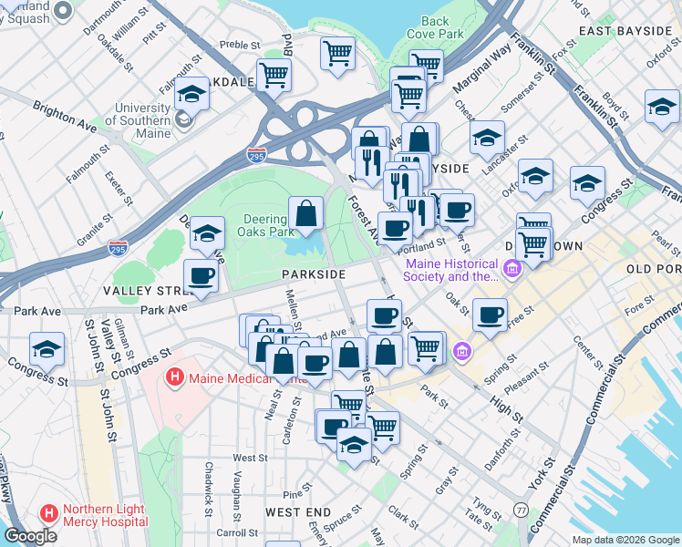 map of restaurants, bars, coffee shops, grocery stores, and more near 51 Park Avenue in Portland