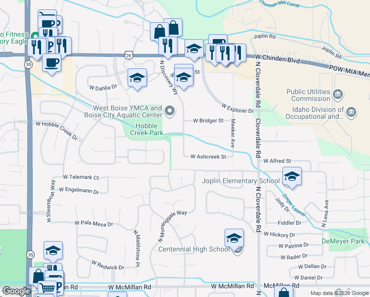 map of restaurants, bars, coffee shops, grocery stores, and more near 5777 North Discovery Way in Boise