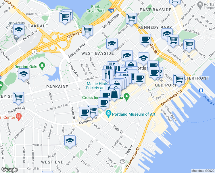 map of restaurants, bars, coffee shops, grocery stores, and more near in Portland