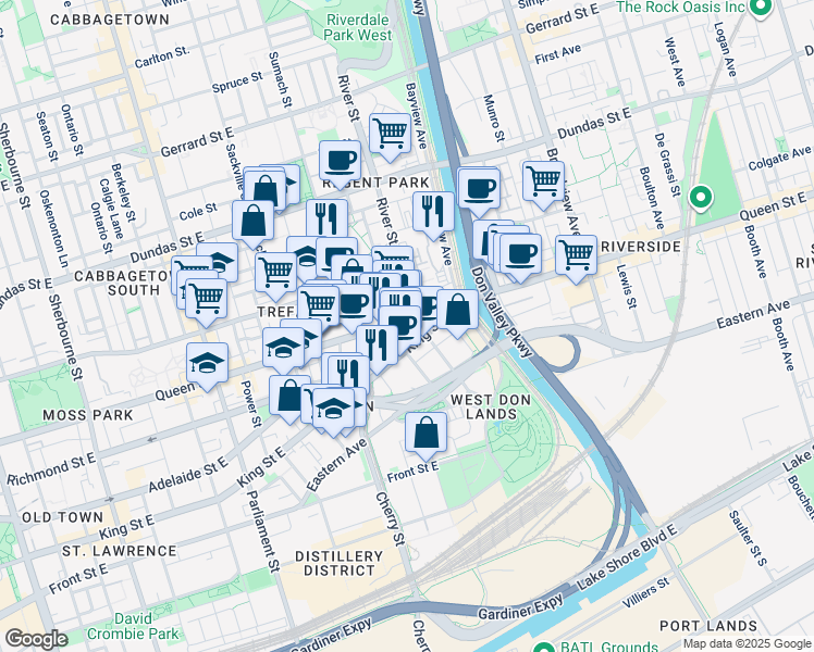 map of restaurants, bars, coffee shops, grocery stores, and more near in Toronto