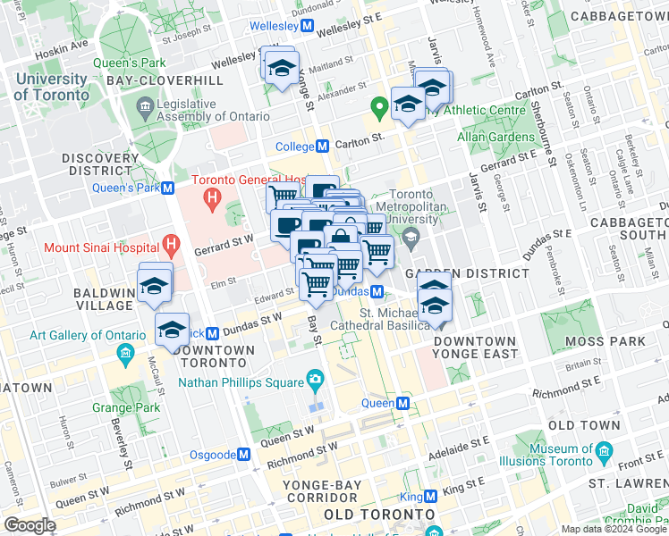 map of restaurants, bars, coffee shops, grocery stores, and more near 29 Gerrard Street West in Toronto