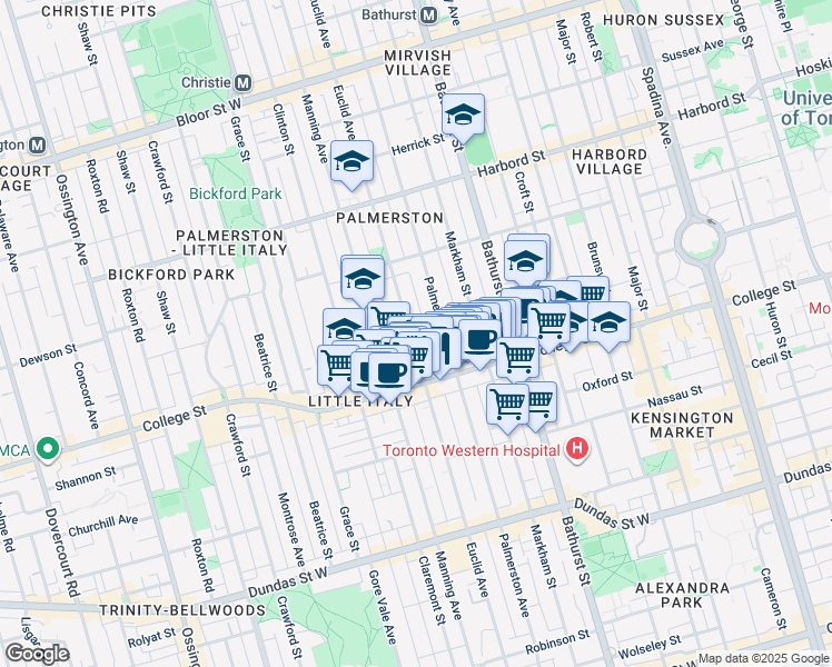 map of restaurants, bars, coffee shops, grocery stores, and more near in Toronto