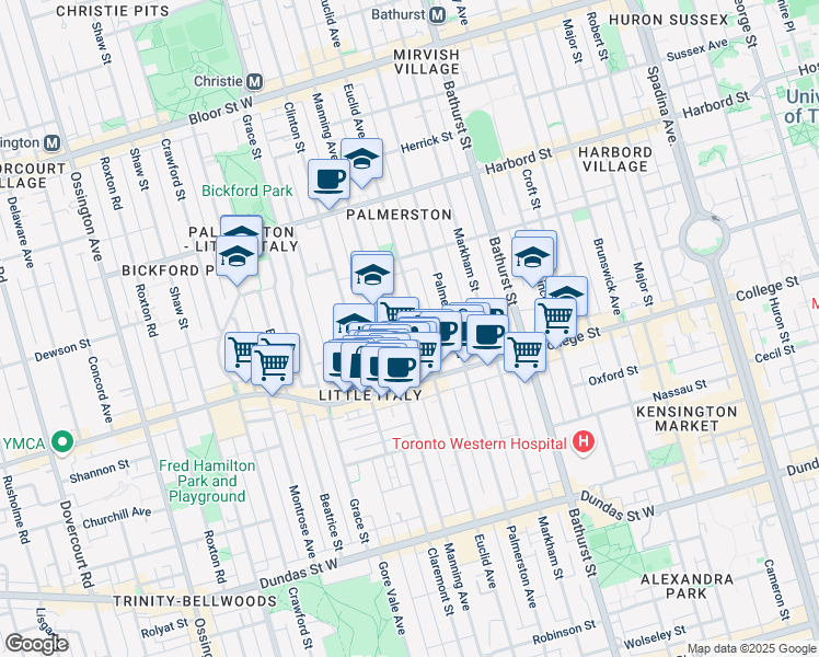 map of restaurants, bars, coffee shops, grocery stores, and more near in Toronto