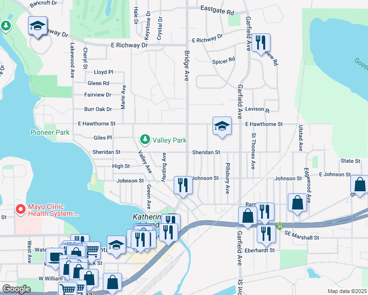 map of restaurants, bars, coffee shops, grocery stores, and more near 910 Bridge Avenue in Albert Lea