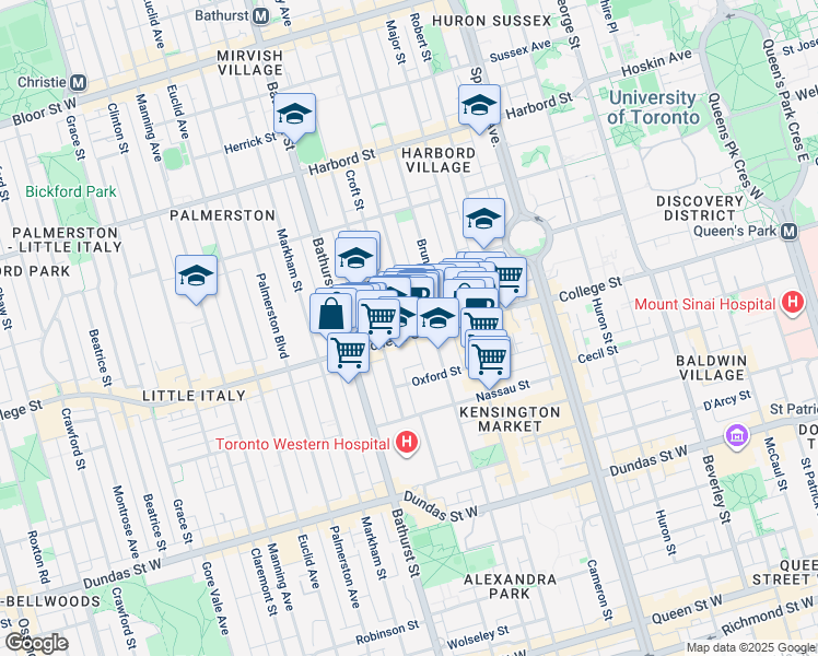 map of restaurants, bars, coffee shops, grocery stores, and more near 382 College Street in Toronto