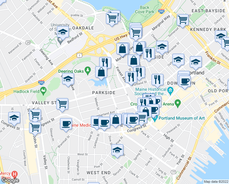 map of restaurants, bars, coffee shops, grocery stores, and more near 48 Park Avenue in Portland
