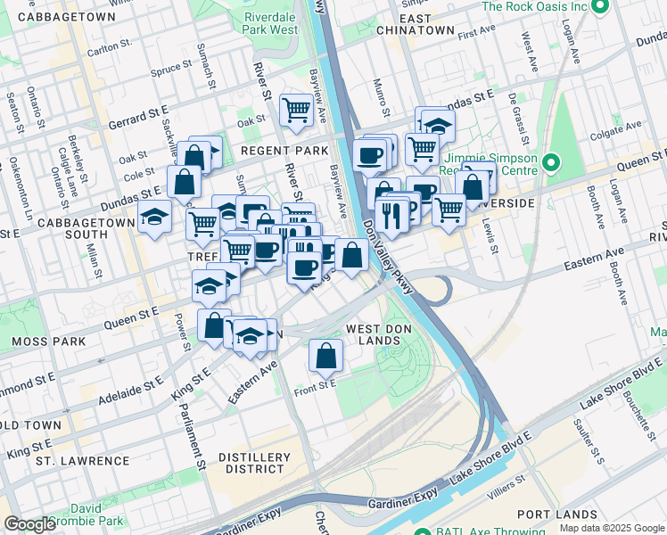 map of restaurants, bars, coffee shops, grocery stores, and more near 705 King Street East in Toronto