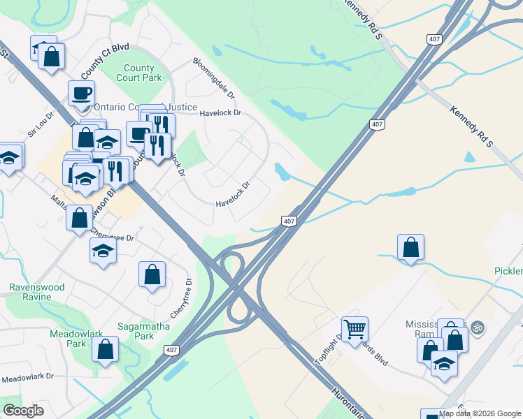 map of restaurants, bars, coffee shops, grocery stores, and more near 46 Kesteven Crescent in Brampton