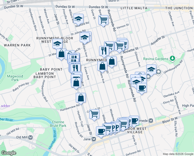 map of restaurants, bars, coffee shops, grocery stores, and more near 451 Willard Avenue in Toronto