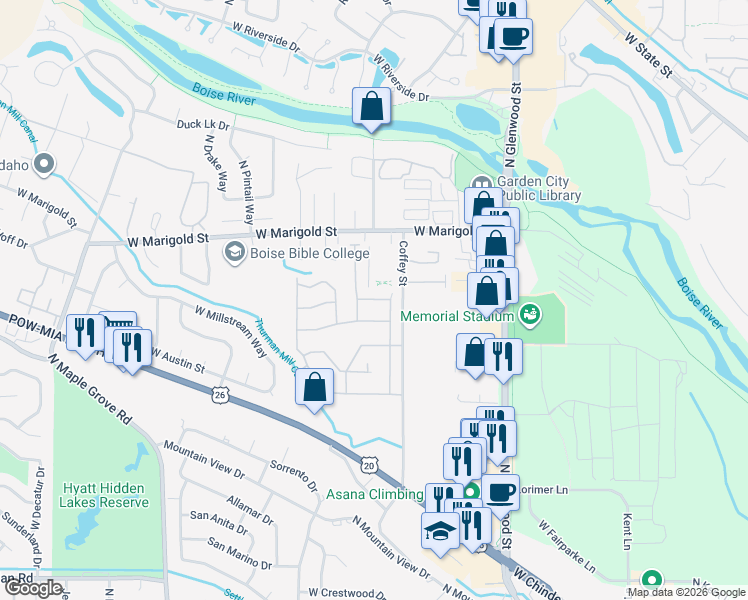 map of restaurants, bars, coffee shops, grocery stores, and more near 5800 North Cloud 9 Drive in Boise