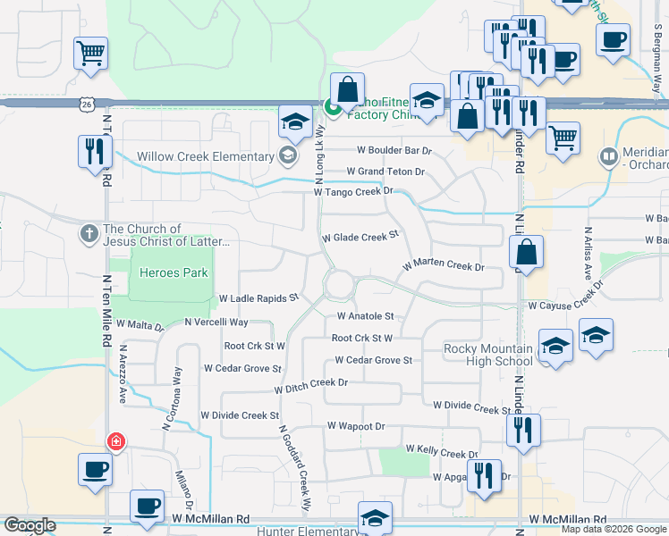 map of restaurants, bars, coffee shops, grocery stores, and more near 2337 West Glade Creek Street in Meridian
